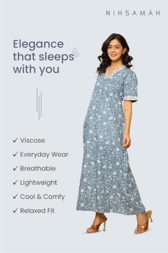 Image of NIHSAMAH Cotton Nighty for Women - Embroidered & Printed Stylish Night Gown, Comfortable Sleepwear Long Nightwear, Maxi