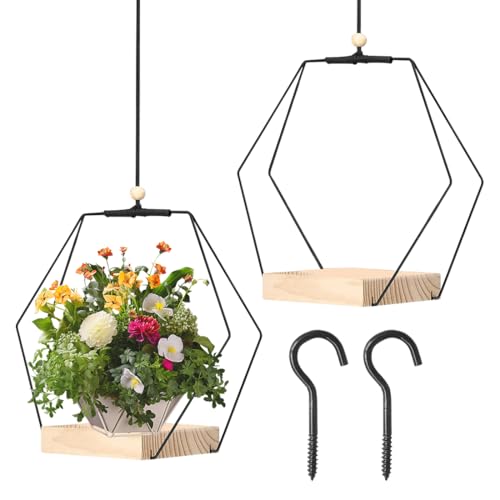Yuragim 2 Stück Blumenampel Hängend Innen, H93cm Hängetopf für Pflanzen mit Holzsockel, Metallring & Deckenhaken, Hängende Blumentopf Regal Schwarze Moderne Hängeblumentopf für Wände und Decke
