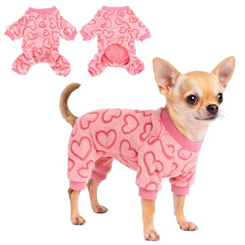 Yoolhamy Hunde Schlafanzug Fleece Hundepyjama Herz Einteiler Pyjama Pullover Valentinstag Strampler Klein Hundeoverall Schlafanzug für Welpen, Chihuahua, Yorkie (XS)