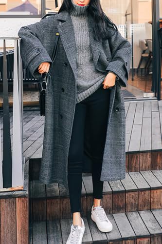 chouyatou Women's Fall Winter Oversized Notched Collar Double Breasted Plaid Wool Blend Long Trench Coat4