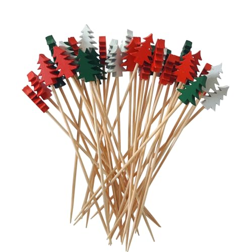 HYMAOME 100pcs Fancy Cocktail Picks Bamboo Fruit/Food Festive Toothpicks Appetizer Skewers 4.72" Wooden Sticks with Christmas Trees on the Top