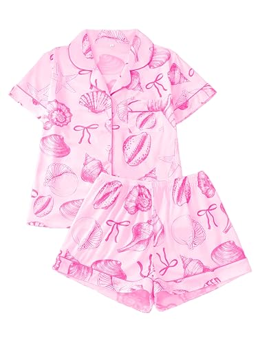 Image of FUVYKOL Women's 2 Piece Summer Ocean Print Pajama Sets Starfish Shell Sleepwear Short Sleeve Nightwear Soft Lounge Sets, Light Pink, S