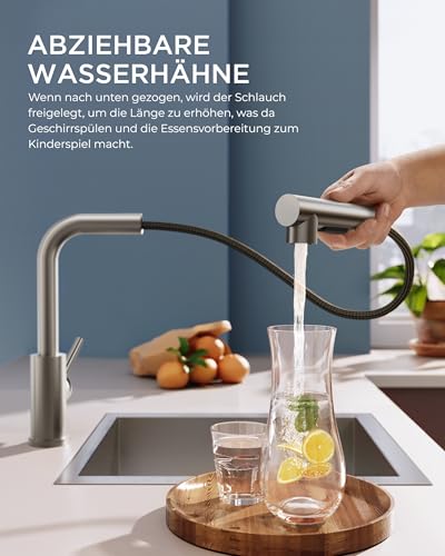 FORIOUS Wasserhahn Küche, Küchenarmatur Ausziehbar mit Brause, Spültischarmatur Küche, L-förmiger Edelstahl Mischbatterie Armatur, Zwei Sprühfunktionen, 360° Schwenkbar
