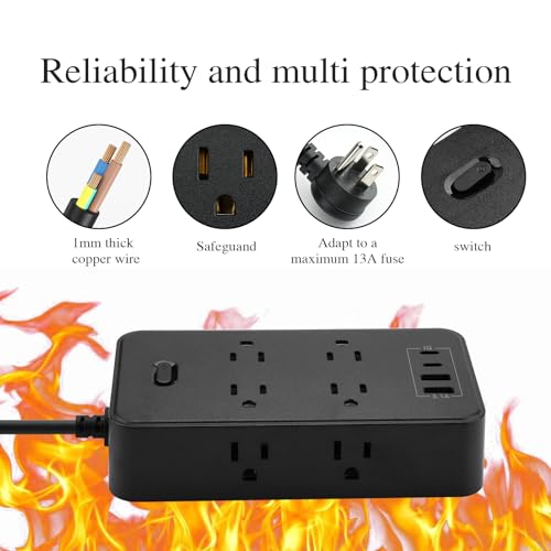 BOCHLION Power Strip, 6-Foot Surge ProtectorExtension Cord with Multiple Outlets, 8 Outlets 4USB Ports (2 USB-C) for Home Office (Black) - image 2