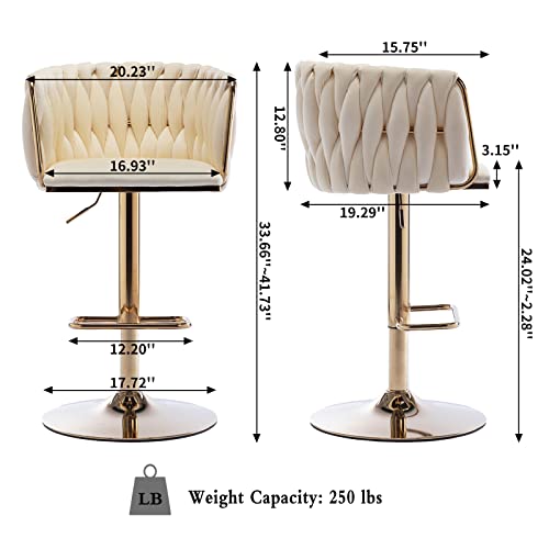 Homtique Bar Stool,Velvet Woven Bar Stools,Adjustable Counter Height Swivel Barstools With Low Back And Gold Base For Kitchen Island,Pub,Dining Room (2, Cream(Round Base)) #TOP2