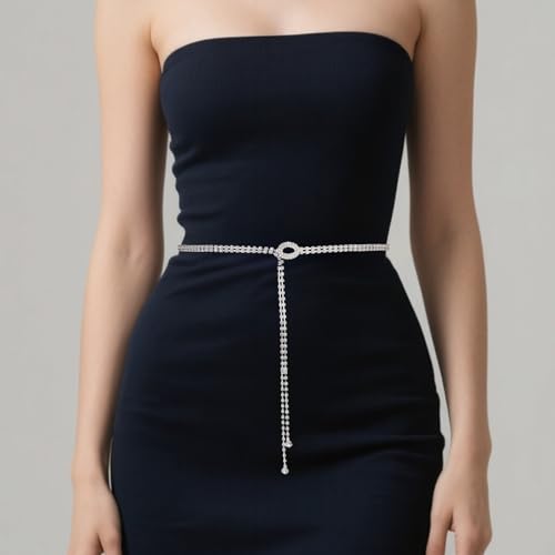 Rhinestone Chain Belts for Women, 43.31in Sparkly Thin Diamond Waist Belts Silver Fashion Chains Rhinestone Bling Chain Belt for Dress Wedding Party4