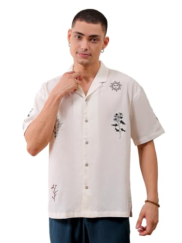 Image of The Indian Garage Co Men Relaxed Fit Placement Embroidered Half Sleeves Cuban Collar Resort Wear Shirt
