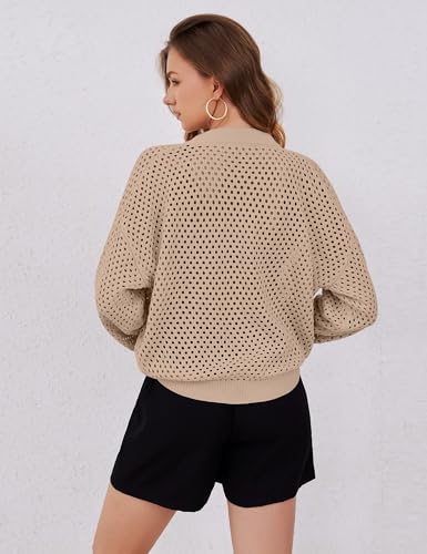 Image of HOCANDY Womens Zip Up Crochet Cardigan Sweater Oversized Long Sleeve Hollow Out Knit Bomber Jacket Fishnet Sweaters