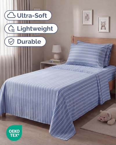Image of Twin 4 Piece Bed Sheet Set - Breathable & Cooling Sheets - Blue Stripes | Ultra Soft Hotel Luxury Bedding Set with 8-16 Inch Deep Pockets, 1 Flat & 1 Fitted Sheet & 2 Pillowcases, Wrinkle & Fade Free