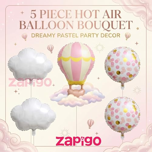 Image of Balloonistics Pink Hotair Balloon And Clouds 1St Birthday Pink Cloud Theme Happy Birthday Balloon Bouquet Pack Of 5