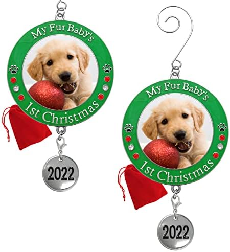 2022 Puppy's First Christmas Photo Ornament Keepsake - Picture Ornament with 2022 Charm & Engraved My Fur Baby's 1st Christmas - Great for New Puppy or New Kitten - 2 Pack - Gift/Storage Bag Included