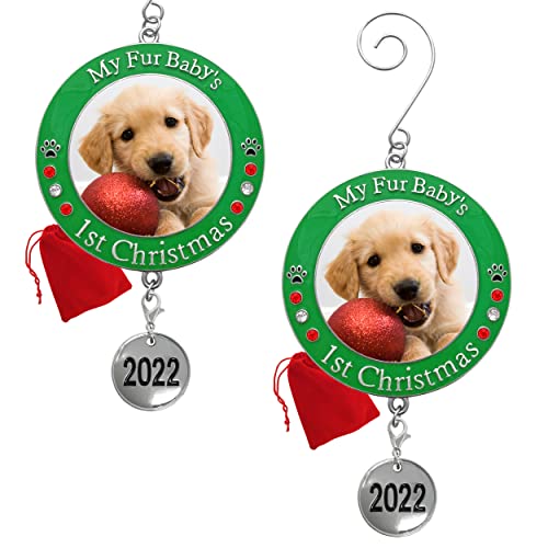 2022 Puppy's First Christmas Photo Ornament Keepsake - Picture Ornament With 2022 Charm & Engraved My Fur Baby's 1St Christmas - Great For New Puppy Or New Kitten - 2 Pack - Gift/Storage Bag Included #TOP2