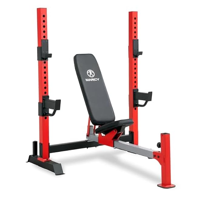 Marcy Deluxe Olympic Weight Bench with Adjustable Back and Bar Catch and Optional Arm Curl, Leg Developer, Lat Tower Attachments (Sold Separately), Personal Home Gym for Strength Training, Weightlifting