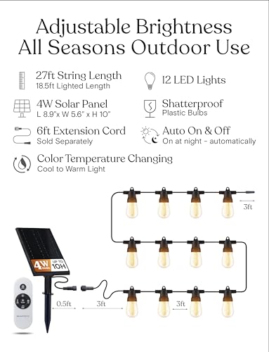 Image of Brightech Ambience Pro 27-Ft Solar String Lights for Outside - Super Bright Remote Control Color Adjustable Outdoor String Light - Commercial Grade String, Waterproof LED for Patios, Camping, 12 Bulbs
