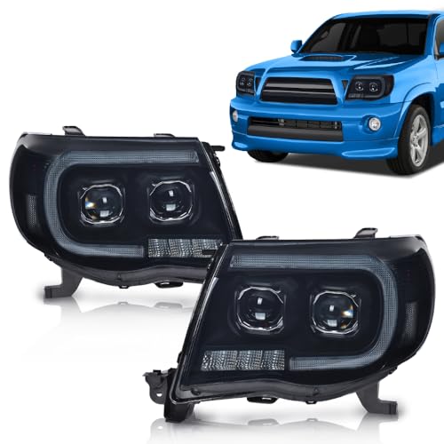 Image of GRAND ORANGE LED Tube Projector Headlights Assembly Headlamps W /o Bulbs Compatible with Toyota Tacoma 2005-2011 Smoke Lens Black Housing Clear Reflector Driver & Passenger Side