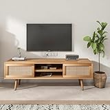 LUCKYELF Rattan TV Stand for 55 Inch TV Boho Farmhouse TV Console Media Cabinet with Solid Wood Legs Television Stands TV Cabinet Double Sliding Doors Media Console Table for Living Room, Bedroom