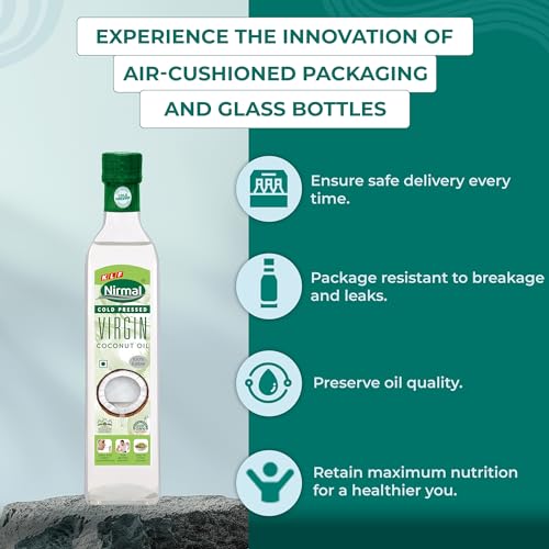 Image of KLF Nirmal Cold Pressed Virgin Coconut Oil | 250 ml | Packaged in Glass Bottle | Great for Cooking, Skin Care & Hair Care | Natural & Edible (Pack of 2)