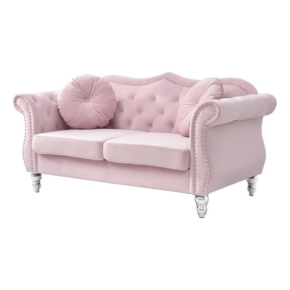 Pemberly Row 68" Tufted Velvet Loveseat, Pink Finish, Hardwood Frame, Flared Arms, Turned Wood Legs, Includes 2 Matching Throw Pillows, Transitional