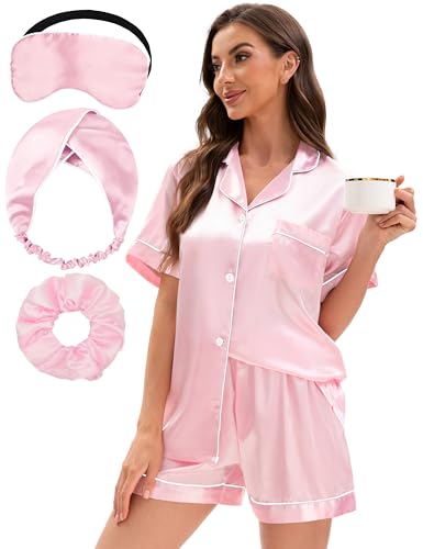 EPLAZA Silk Pajamas for Women Satin Pajamas Set 5 Pcs Short Sleeve Print Pattern Button Down Pjs Sleepwear Loungewear Set (Pink-short M)