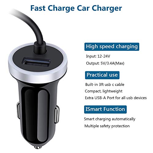 Image of Fast Car Charger for Samsung Galaxy A57 A37 S26 S25 S24 S23 S22 S21 A17 A56 | A36 A26 A16 A15 A25 A35 A55 A54 A14 A53 Z Fold7 Z Flip7,3.4A USB C Car Adapter with Built-in 3ft Type C Fast Charging Cable