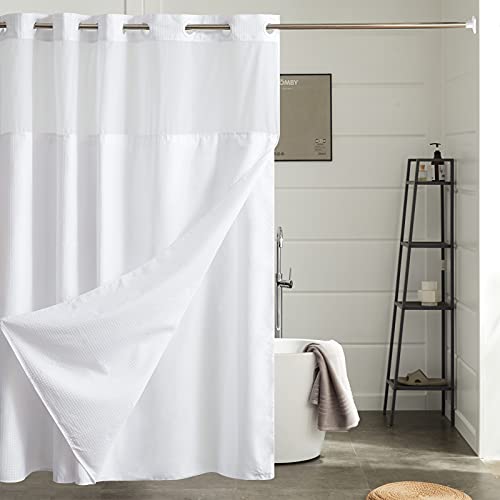 Image of Furlinic Extra Long Waffle Weave No Hook Shower Curtain with Snap in Liner,Heavy Duty Textured Fabric Bathroom Curtains,Hotel Style with Mesh Top Window,Waterproof & Machine Washable,White,71x96.