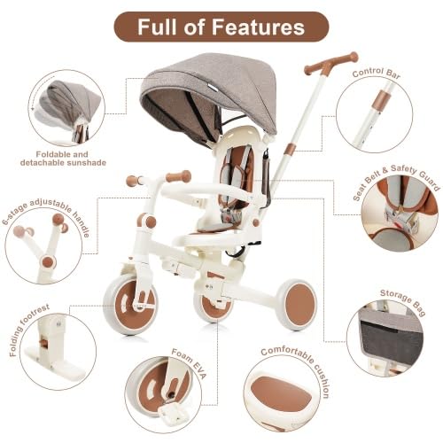 Baby Tricycle, Foldable Toddler Tricycle with Removable and Adjustable Parent Handle, Toddler Push Bike with Removable Pedal, Canopy, and Guardrail, Tricycle for 12-72 Months (Ivory)