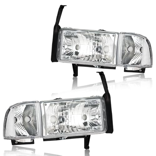DimFlux Headlights Assembly Headlight Replacement Compatible with 1994-2001 Dodge Ram 1500 Fit 1994-2002 Ram 2500 3500(DONT Fit SPORT Models or Ram VAN Models) Chrome Housing Clear Reflector