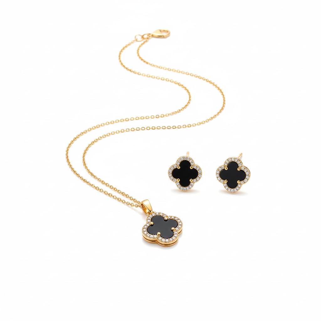 IStyleRight, Elegant Black Onyx and Crystal Clover Jewelry Set, Gold-Plated Necklace and Stud Earrings with Rhinestone Accents, Classic Design for Special Occasions