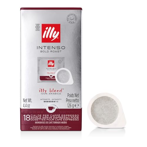 illy, Café en Cápsulas E.S.E Monodosis Tostado INTENSO, 100% Arábica con Notas de Cacao y Frutos Secos, Sabor Decidido y Intenso, 1 Paquete de 18 Cápsulas Compostables