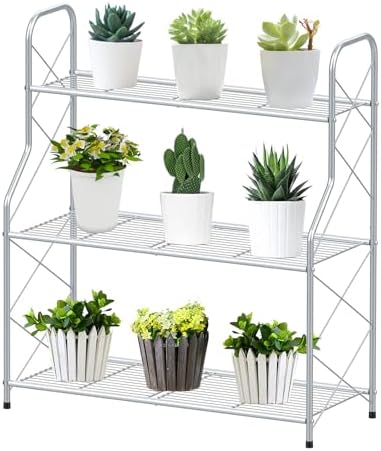 Bomclap Pflanzenregal Blumenregal Metall, 3 Stufen Pflanzenständer Blumentopf Topfhalter für Outdoor Indoor Balkon Garten, Multifunktionales Blumenregal mit großer Kapazität, Silbe