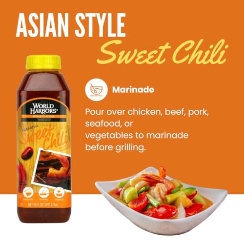 World Harbors Sweet Chili Sauce and Marinade - Thai Sweet Chili Sauce, Ideal for Chicken Wings, Seafood, Grilled Meats, Salads, Stir-Fries, Sweet Chili Sauce Asian, Dipping Sauce 16 oz (Pack of 1)