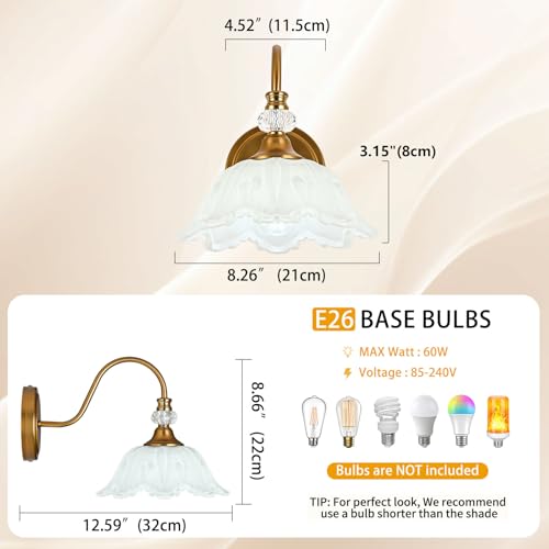 Image of 1 Piece Vintage Wall Sconce with Floral White Glass Shade, Matte Brass Finish Wall Sconce for Bathroom, Vintage Bathroom Vanity Light Fixture