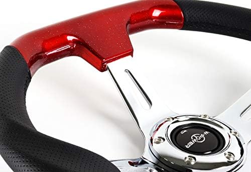 Miniatura 2 de W-Power, 13.5 pulgadas universal de 13.504 in con agujero de 6 pernos, color rojo perla con volante de agarre de cuero negro pulido de aluminio,