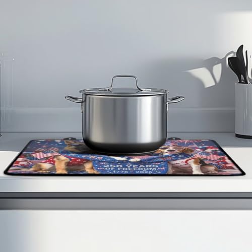 Image of Poceacles 4th of July Stove Top Cover Glass Stove Top Cover United States 250th Party Decor Cooktop Protector Stovetop Mats for Kitchen Decor, Dog USA Flag 250 Years 1776-2026 Print