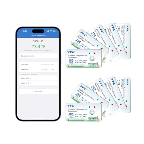 Image of YFL Wireless Temperature Data Logger Reusable Temperature Sensor USB-Free Thermometer Recorder High Accuracy Thermometer with PDF Reports 180 Days Room Temperature Monitor Indoor Outdoor-10 Packs