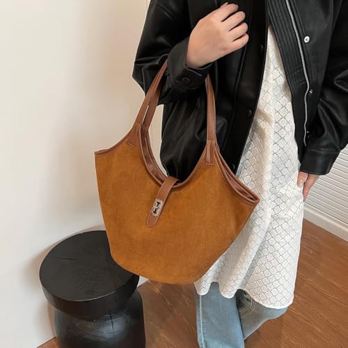 Image of Brown Suede Tote Bag for Women Trendy Hobo Bag Bucket Tote Bag Work Hobo Handbags