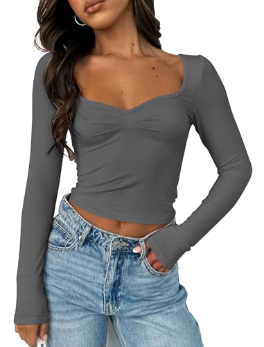 Image of Women Sweetheart Neckline Basic Fitted Tops Long Sleeve Going Out Crop Tops Ruched T Shirts