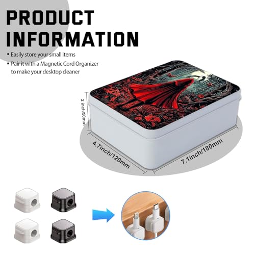 Image of Metal Tin Box with Lid,Multi-functional Storage Large Box Can Store Tea Biscuits Game Cards, Playing & Tarot Cards-Comes with 4 Magnetic Cord Clips,Red Hood in Forest