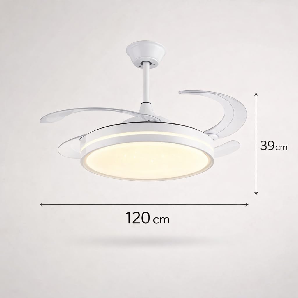 Generico Ventilatore da Soffitto con Luce LED, Pale Retrattili 120 cm, Telecomando Incluso, 3 Temperature Luce, 6 Velocità, Timer, Design Moderno per Soggiorno Camera da Letto