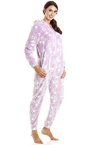 Camille Women's Super Soft Fleece Onesie - Heart All in One - Long Sleeved and Side Pockets for Ultimate Comfort & Warmth Purple 14-16