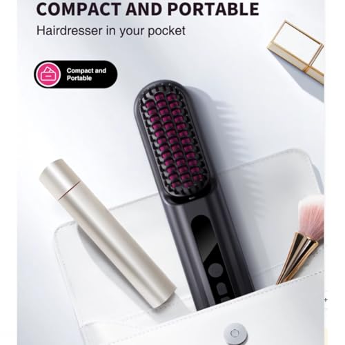 Cepillo alisador de cabello portátil, pantalla digital, 18 horas de autonomía de batería, tecnología iónica, inalámbrico, negro miniatura 3