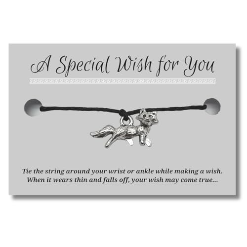 Fox Charm Wish Bracelet, Hemp with Silver Tone Charm on Printed Card, 12 inches long, Adjustable Unisex Design, Wild Animal Friendship Anklet, Gift for Women