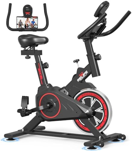 RELIFE REBUILD YOUR LIFE Exercise Bike Stationary for Home Indoor,Cycling Bike with Silent Belt Drive for Home Cardio,Brake Pad Resistance with djustable & Comfort Seat/PAD Holder/LCD Monitor. 1