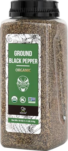 Soeos Organic Ground Black Pepper, Non-GMO, Freshly Peppercorn Powder Bulk, Packed to Keep Peppers Fresh, Ready to Use Peppercorns for Refill, 18 oz (510g) Soeos Organic Ground Black Pepper, Non-GMO, Freshly Peppercorn Powder Bulk, Packed to Keep Peppers Fresh, Ready to Use Peppercorns for Refill, 18 oz (510g)