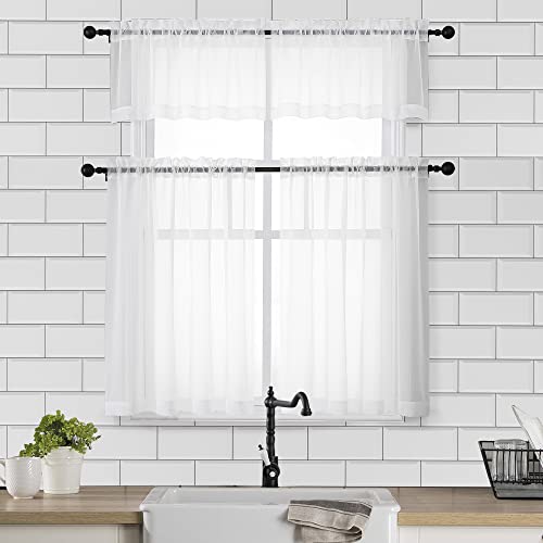 Image of Chyhomenyc White Sheer Curtains 30 inch Length 2 Panels, Light Filtering Voile Rod Pocket Short Window Curtians for Bathroom Living Room Farmhouse Small Windows, 42Wx30L inches