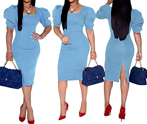 Image of SeNight Women's High Waist Denim Mini Skirt Frayed Hem Stretchy | High Waist Denim Mini Skirt Frayed Hem Stretchy Bodycon Jean Skirt with Button
