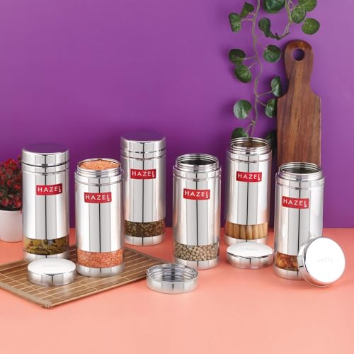 Image of HAZEL Stainless Steel See Through Transparent Container | Kitchen Air Tight Storage Dabba Containers Set of 6, 950 ML