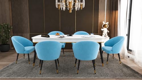 Image of WOODEN SPACE 6-Seater Wooden Dining Table Set | Nano Composite Marble Top | Solid Wood Base | Modern Dining Room Furniture with 6 Chairs (Modern Classic Sky Blue)