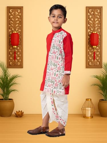 Image of Kids Ethnic Wear - Stylish Half Printed & Vibrant Color Pure Cotton Kurta with Elastic Waist Dhoti Set for Boys