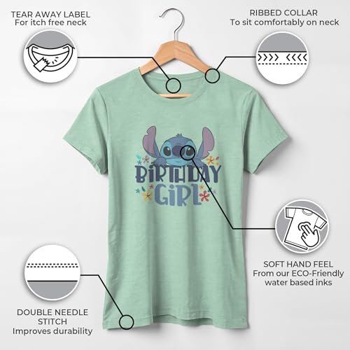 Image of Disney Girls Lilo & Stitch Birthday Girl T-Shirt - Mint Short Sleeve Tee - Fun Design for Youth Celebrations